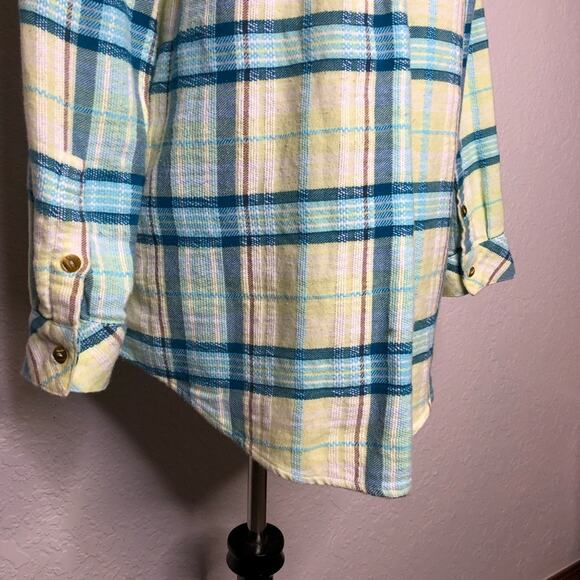 Soft Surroundings white blue yellow plaid flannel button down top size Small - Picture 12 of 15